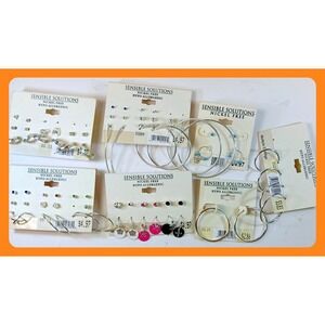 Sensible Solutions Vintage Y2K Deadstock Earring Lot Silver Hoops Studs 7 Cards